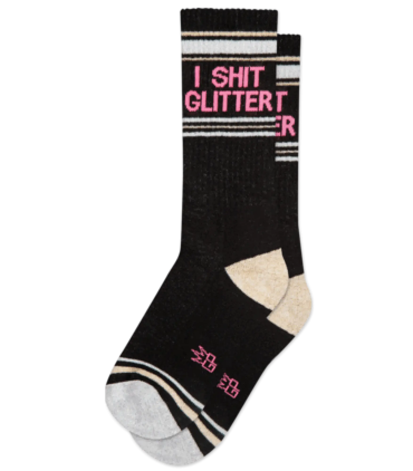 Black i shit glitter crew socks with pink text and beige toe and heel accents for casual wear