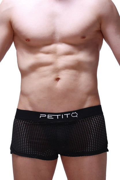 Black mesh briefs short jock durtol black with solid black waistband and petitq logo in white lettering