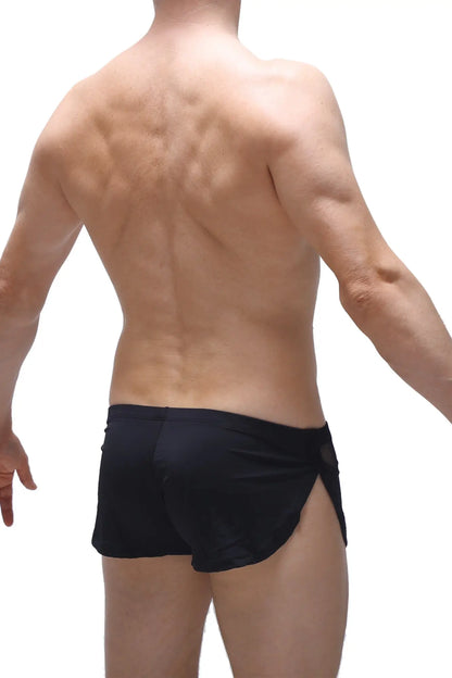 Black athletic short lounge shorts with sleek form-fitting design and side slits for comfortable wear