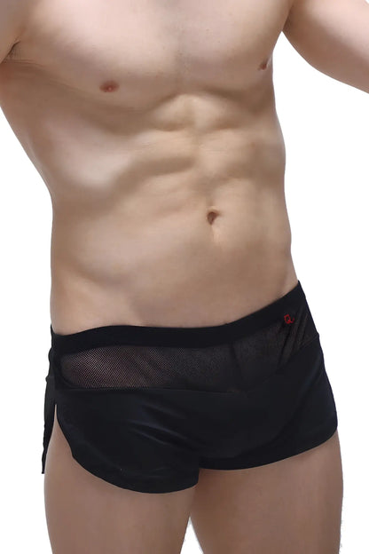 Black mesh and satin briefs with a red logo on the waistband from the short lounge black collection