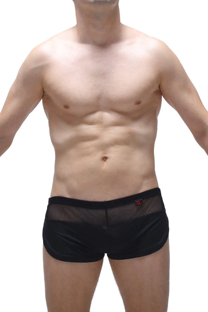 Black mesh briefs short lounge black with a solid black waistband and a small red logo on the side