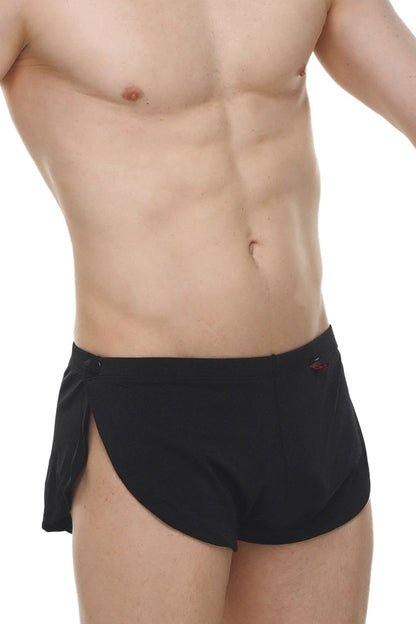 Black athletic briefs short snap joe black with side slit and small red logo on waistband