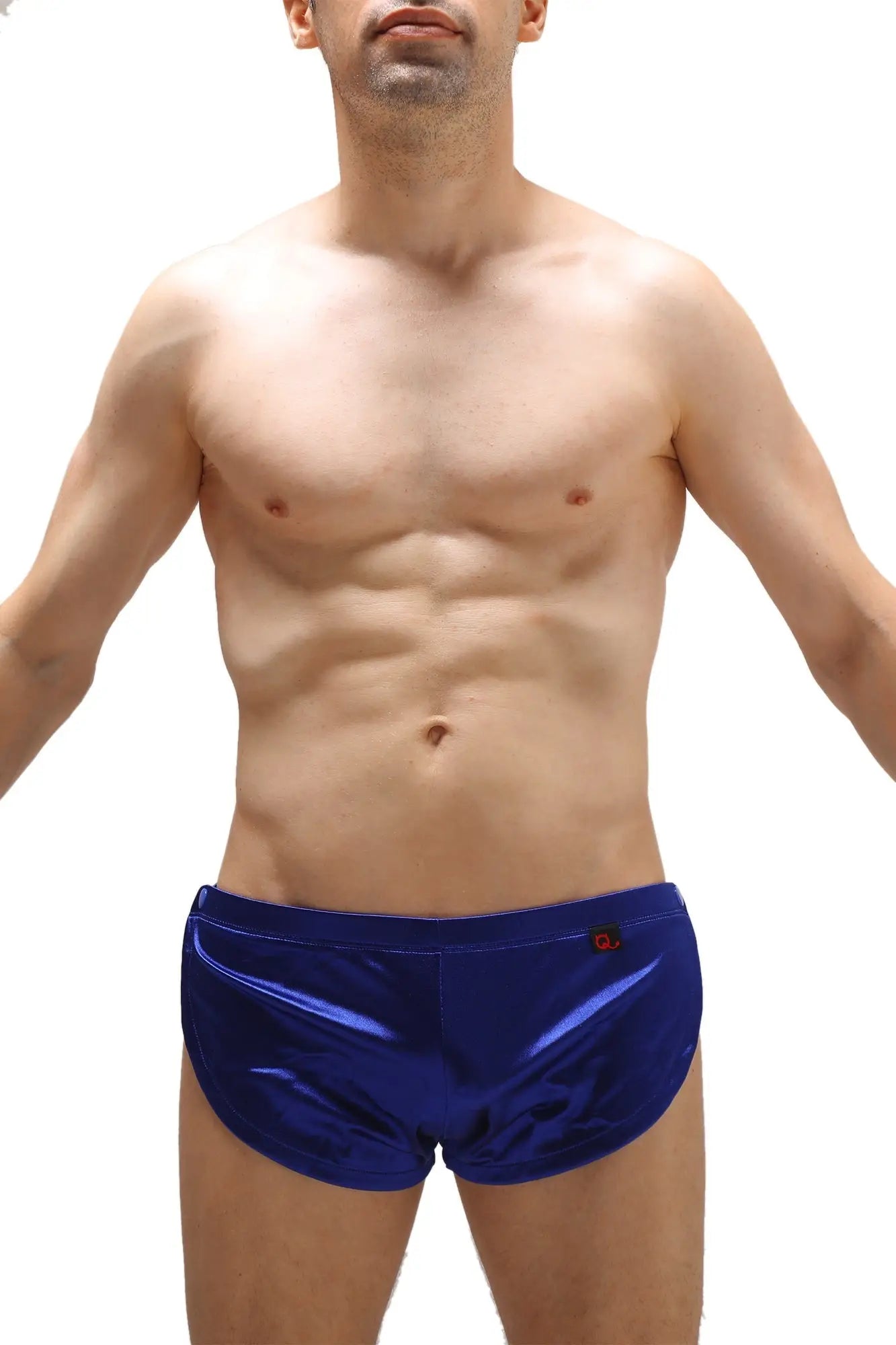Blue shiny satin swim trunks short snap satin sapphire with small logo on waistband