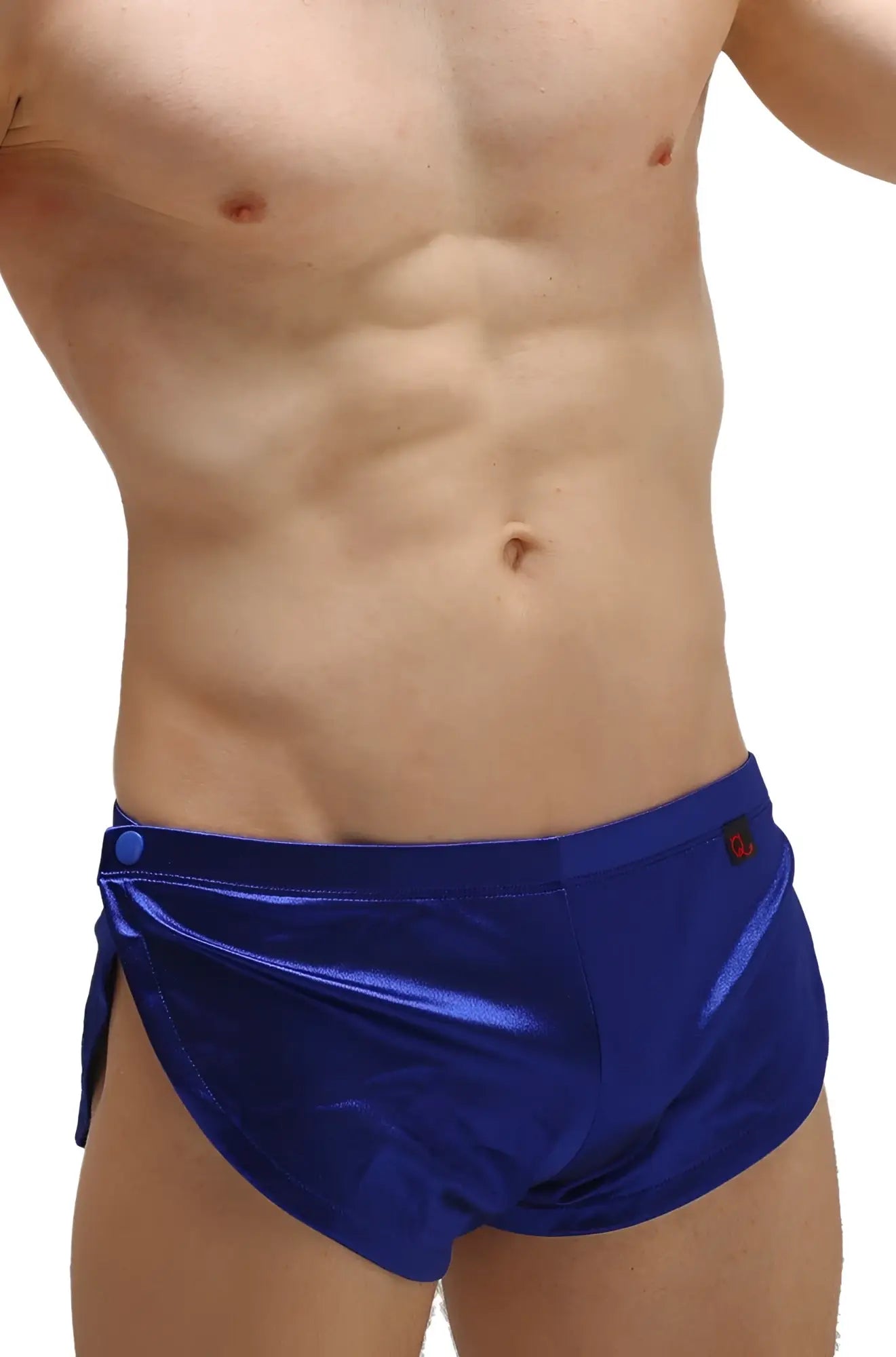 Vibrant royal blue metallic swim trunks short snap satin sapphire with sleek shiny finish and side ties
