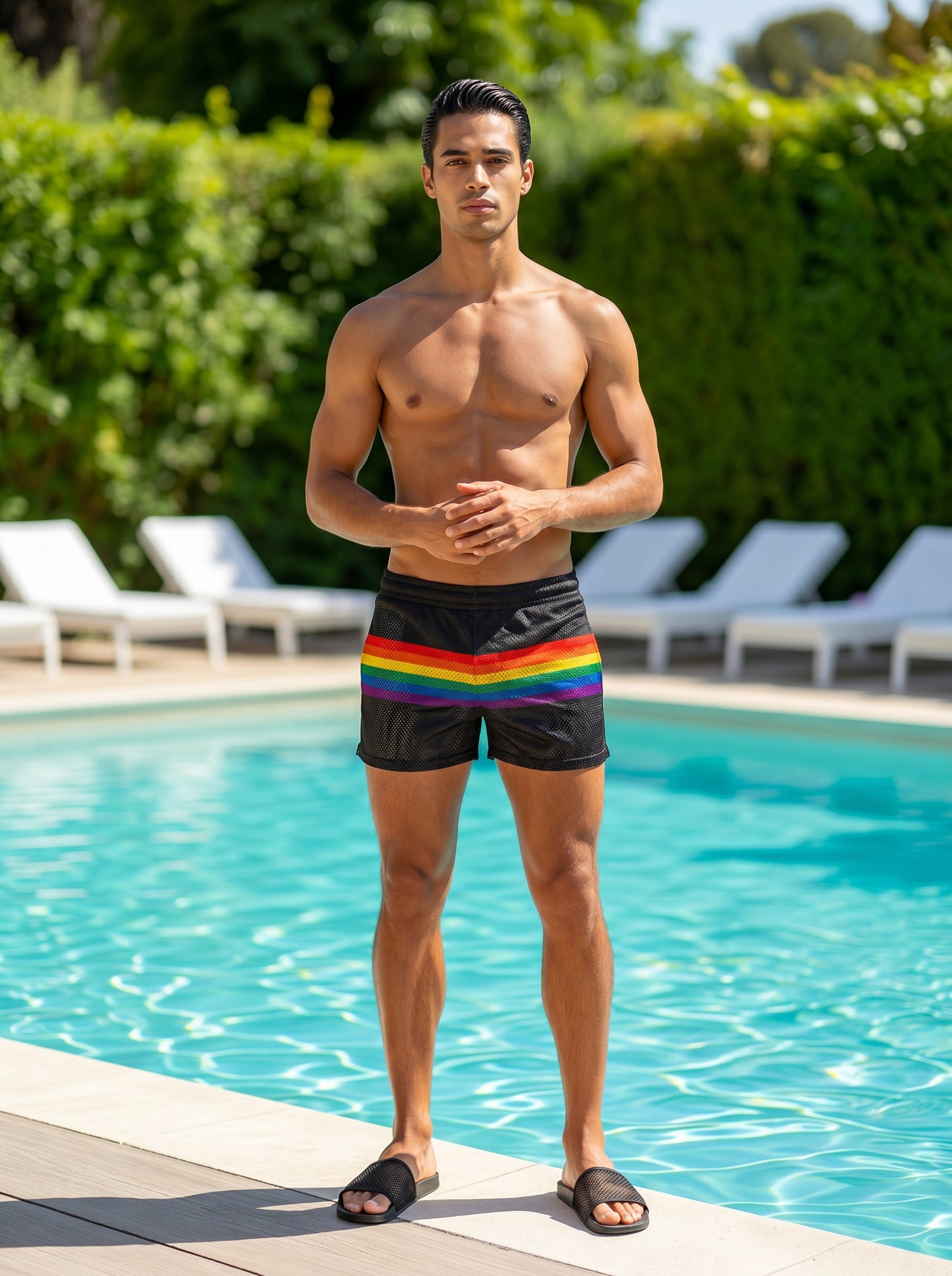 Black mesh swim shorts with a vibrant rainbow stripe across the waistband from rainbow stripe mesh shorts collection
