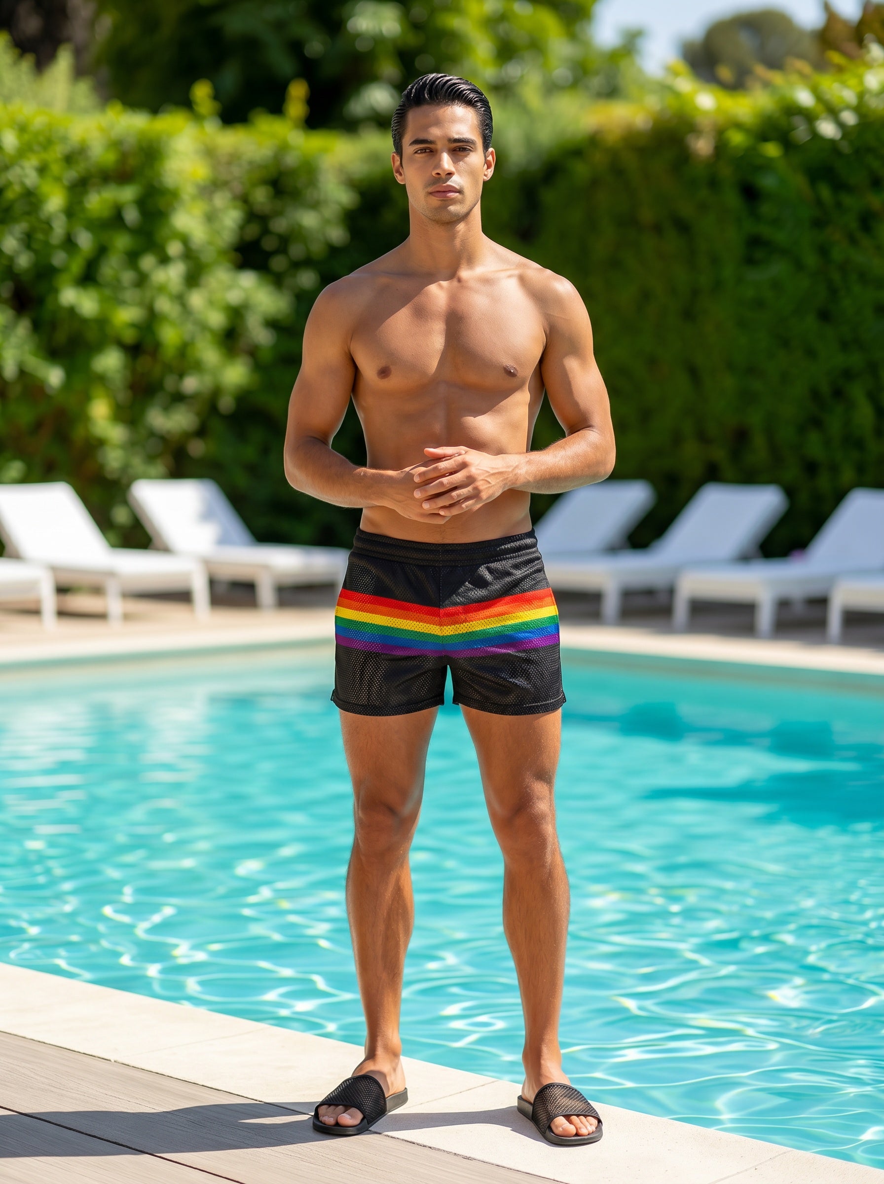 Black mesh swim shorts with a vibrant rainbow stripe across the waistband from rainbow stripe mesh shorts collection