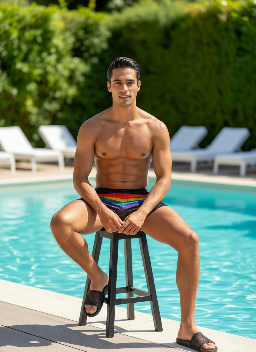 Rainbow stripe mesh shorts featuring rainbow-striped swim trunks with a black waistband and breathable mesh fabric