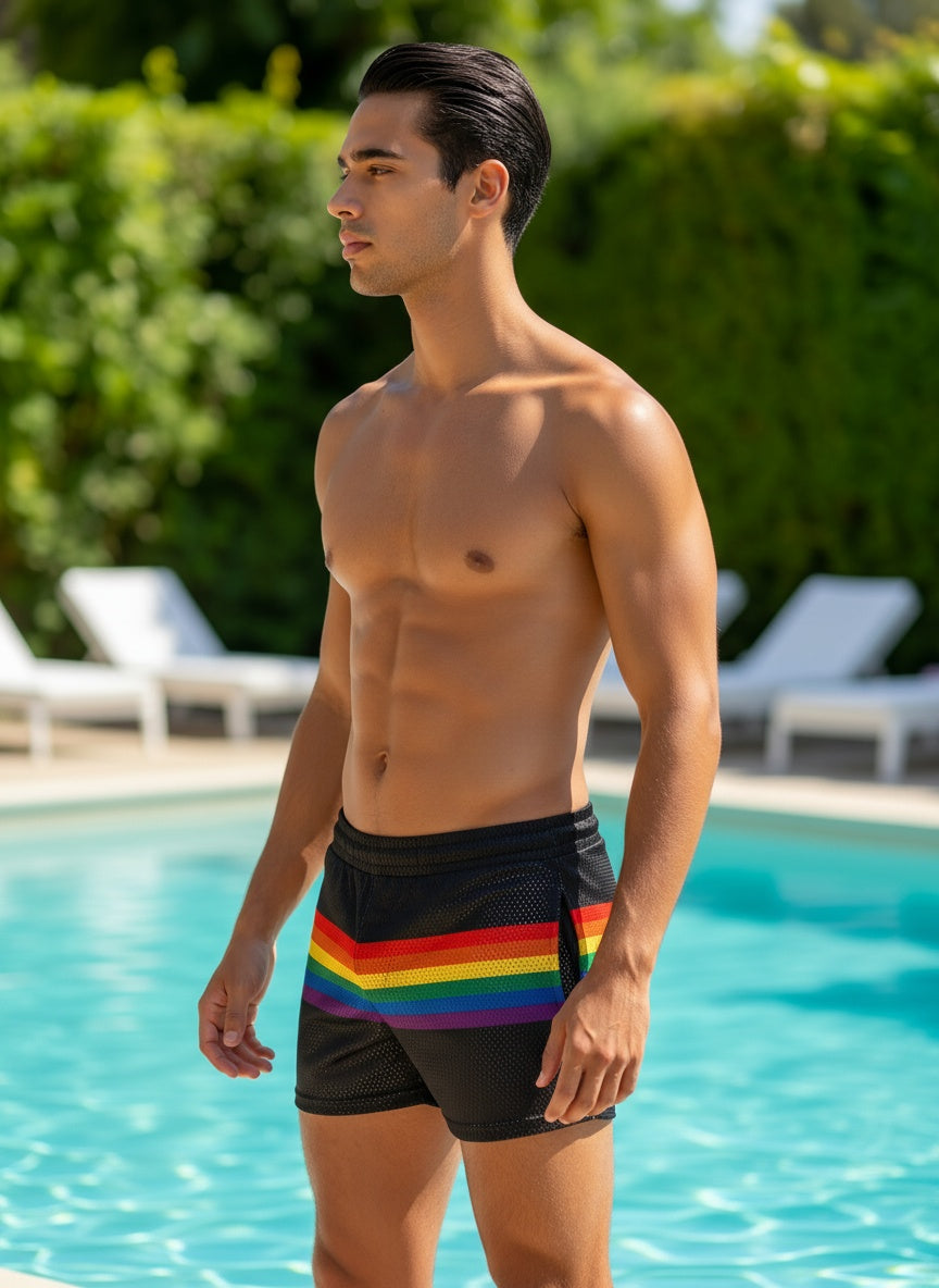 Black mesh swim trunks with a vibrant rainbow stripe across the front from rainbow stripe mesh shorts collection