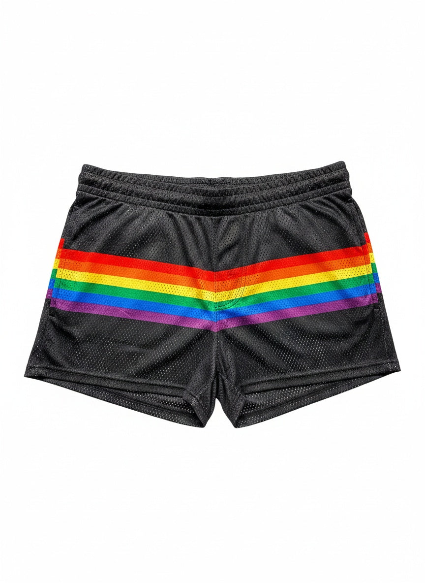 Black mesh athletic shorts with a bold horizontal rainbow stripe across the front for vibrant activewear style