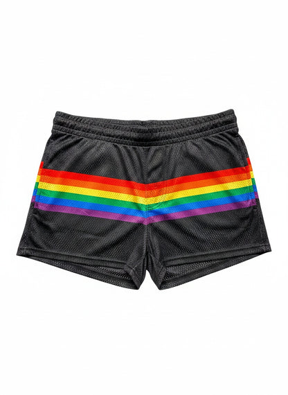 Black mesh athletic shorts with a bold horizontal rainbow stripe across the front for vibrant activewear style