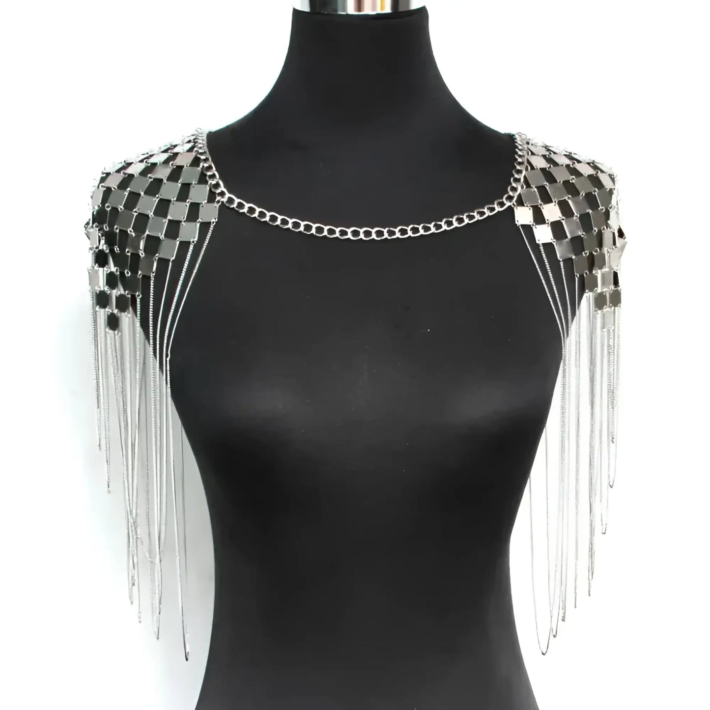 Silver metallic shoulder tassel necklace with grid of reflective square plates and dangling chains design