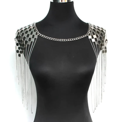 Silver metallic shoulder tassel necklace with grid of reflective square plates and dangling chains design