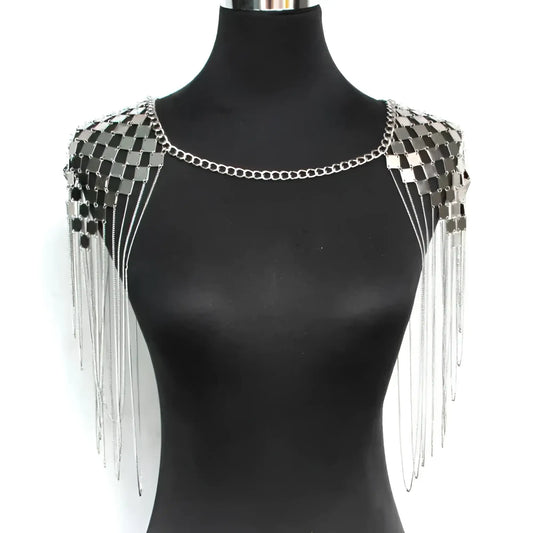 Silver metallic shoulder tassel necklace with grid of reflective square plates and dangling chains design