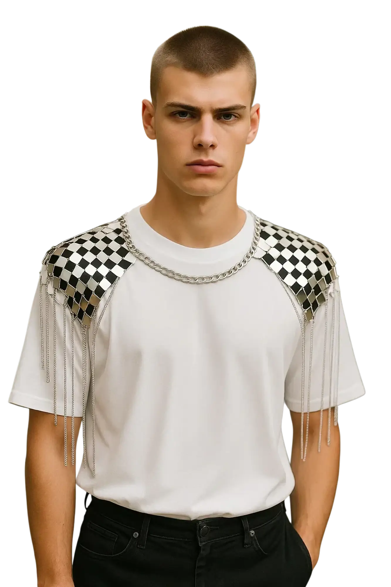 White t-shirt with black and silver checkered shoulder panels featuring dangling chain tassels for a stylish look
