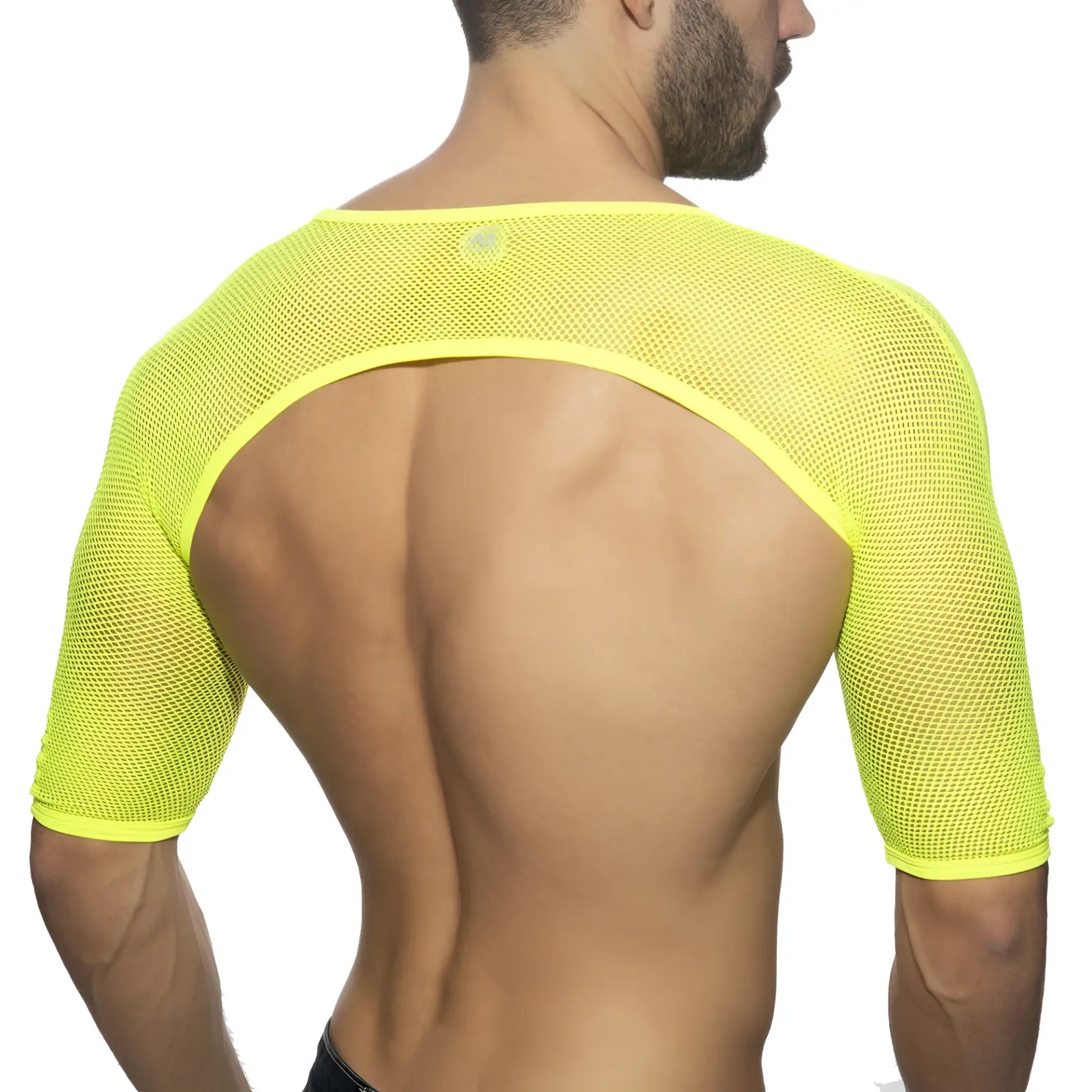 Bright neon yellow mesh shoulder top with cutout back and elasticated edges shown from the back side