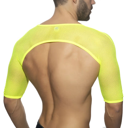 Bright neon yellow mesh shoulder top with cutout back and elasticated edges shown from the back side