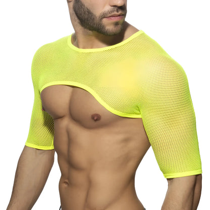 Bright neon yellow mesh shoulder top with short sleeves and a stylish cutout design perfect for summer wear
