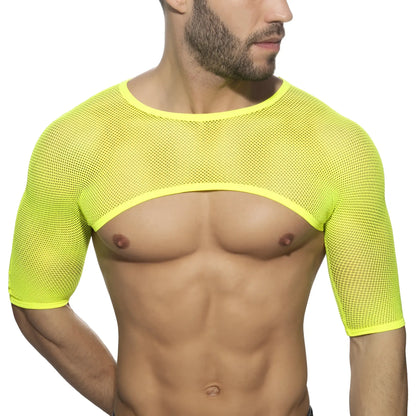 Bright neon yellow shoulder top with short sleeves mesh fabric and round neckline for casual wear