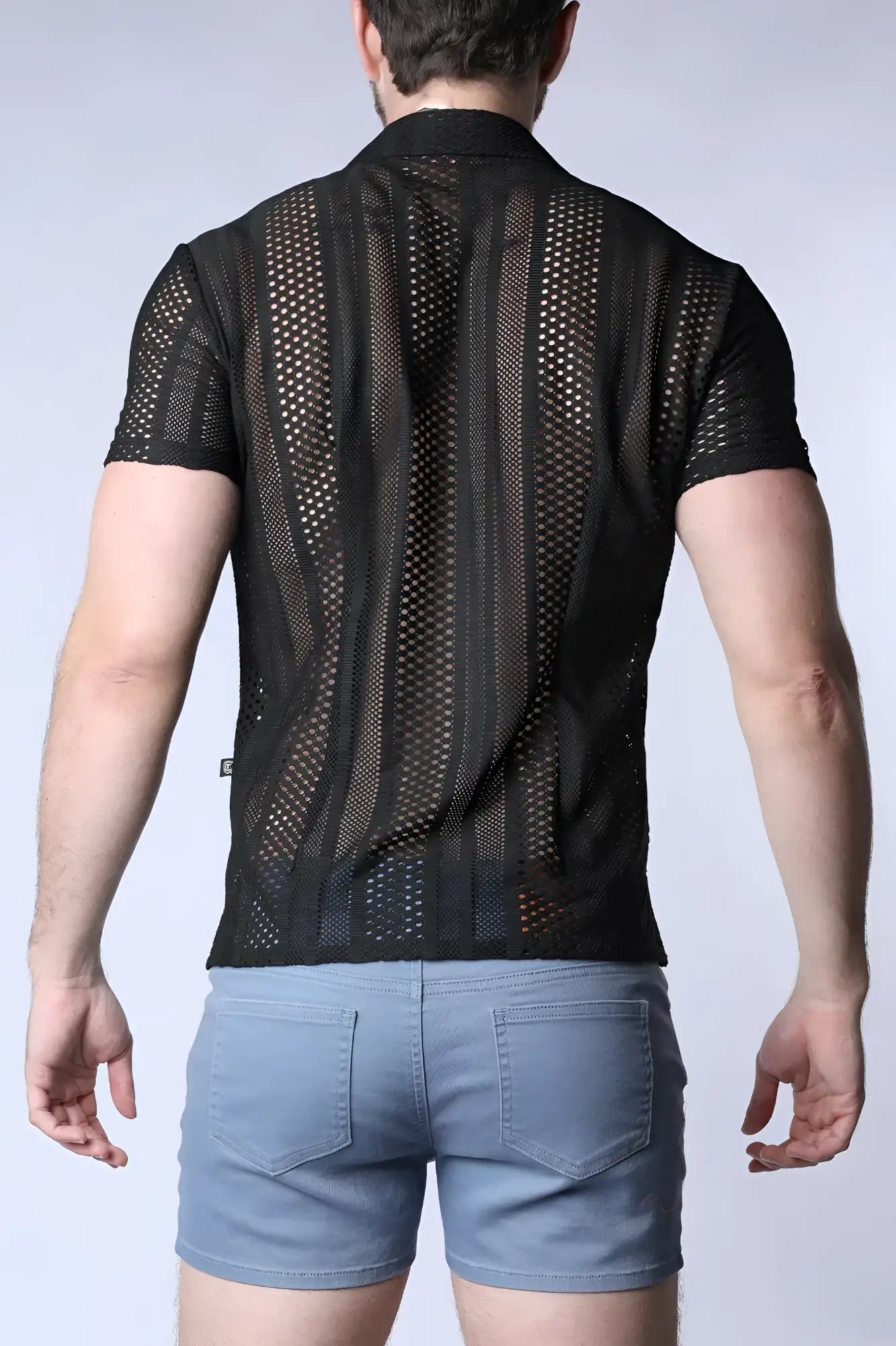 Black Sicily crochet mesh shirt with short sleeves and vertical striped pattern made from breathable fabric