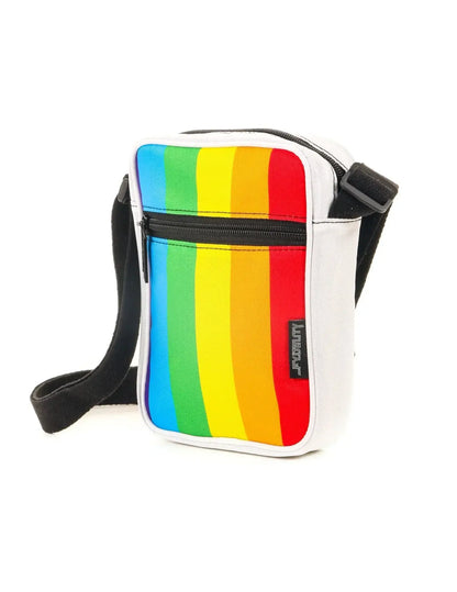 Sidekick crossbody sling bag white with vibrant rainbow stripe pattern and black zipper accents