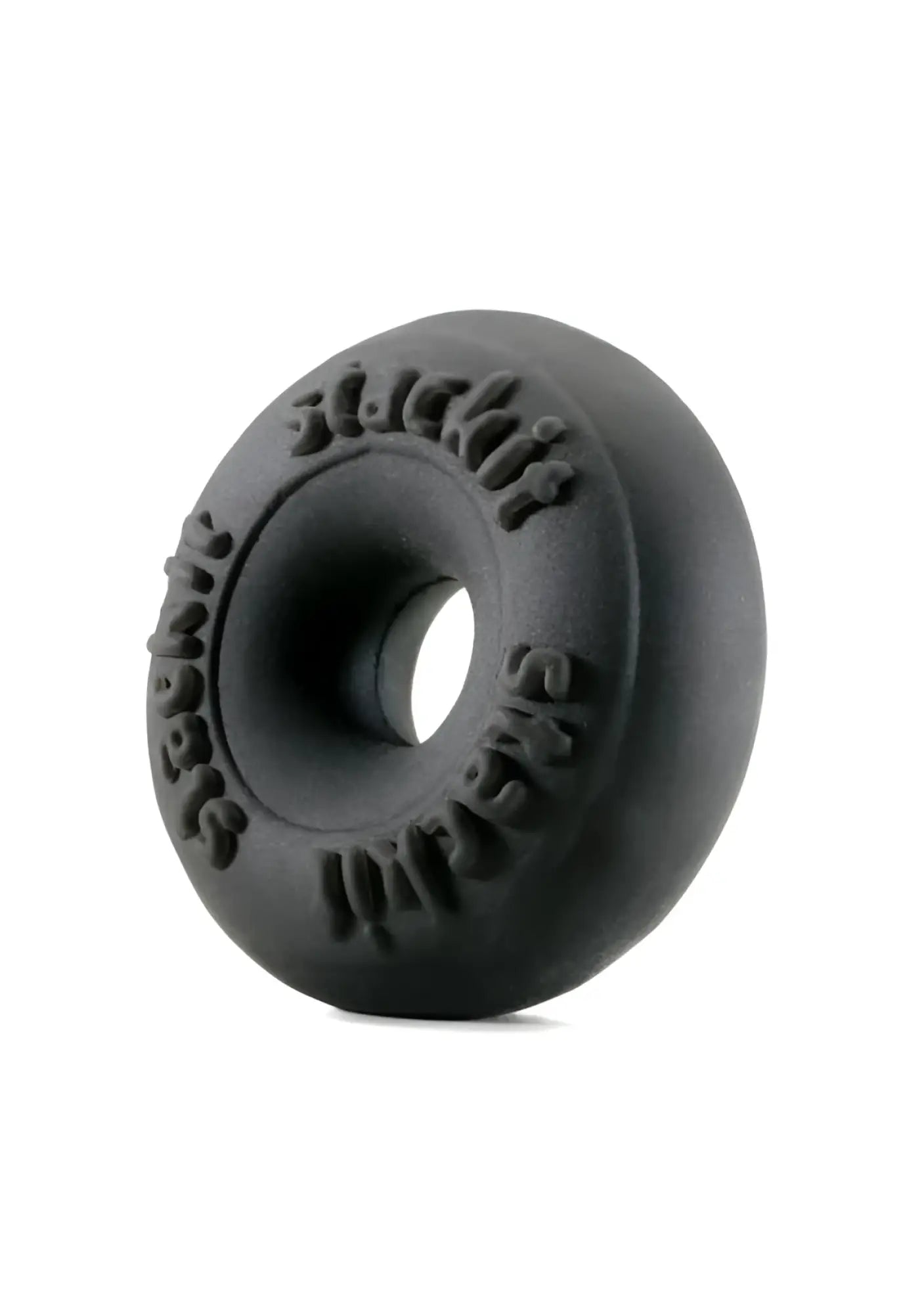 Black rubber donut-shaped kila skin stackit ring with embossed text around the circumference