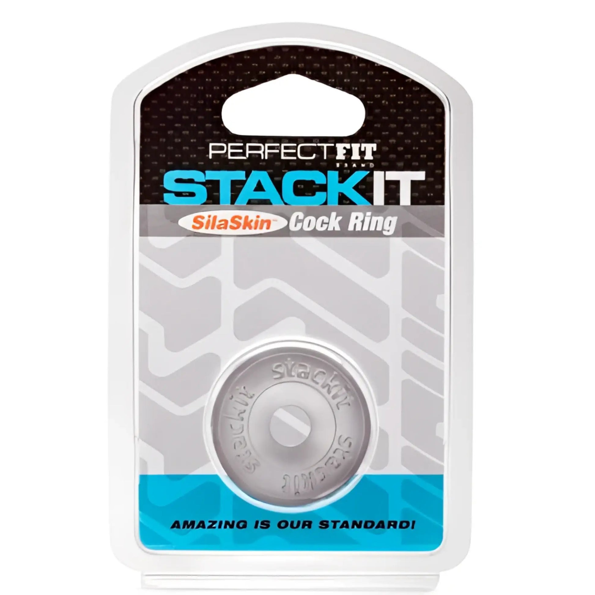 Sila skin stackit ring silver metallic cock ring with textured circular design and silaskin branding on surface