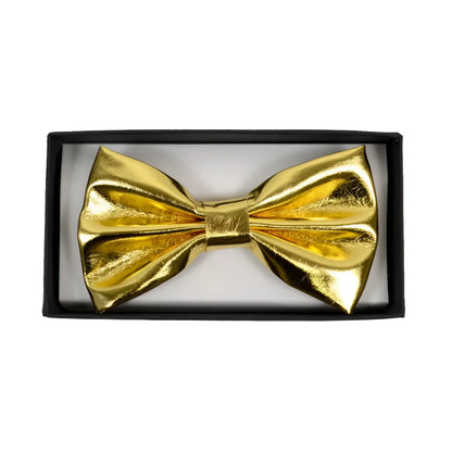 A shiny gold metallic bow tie displayed in a black gift box from silver or gold bow tie collection