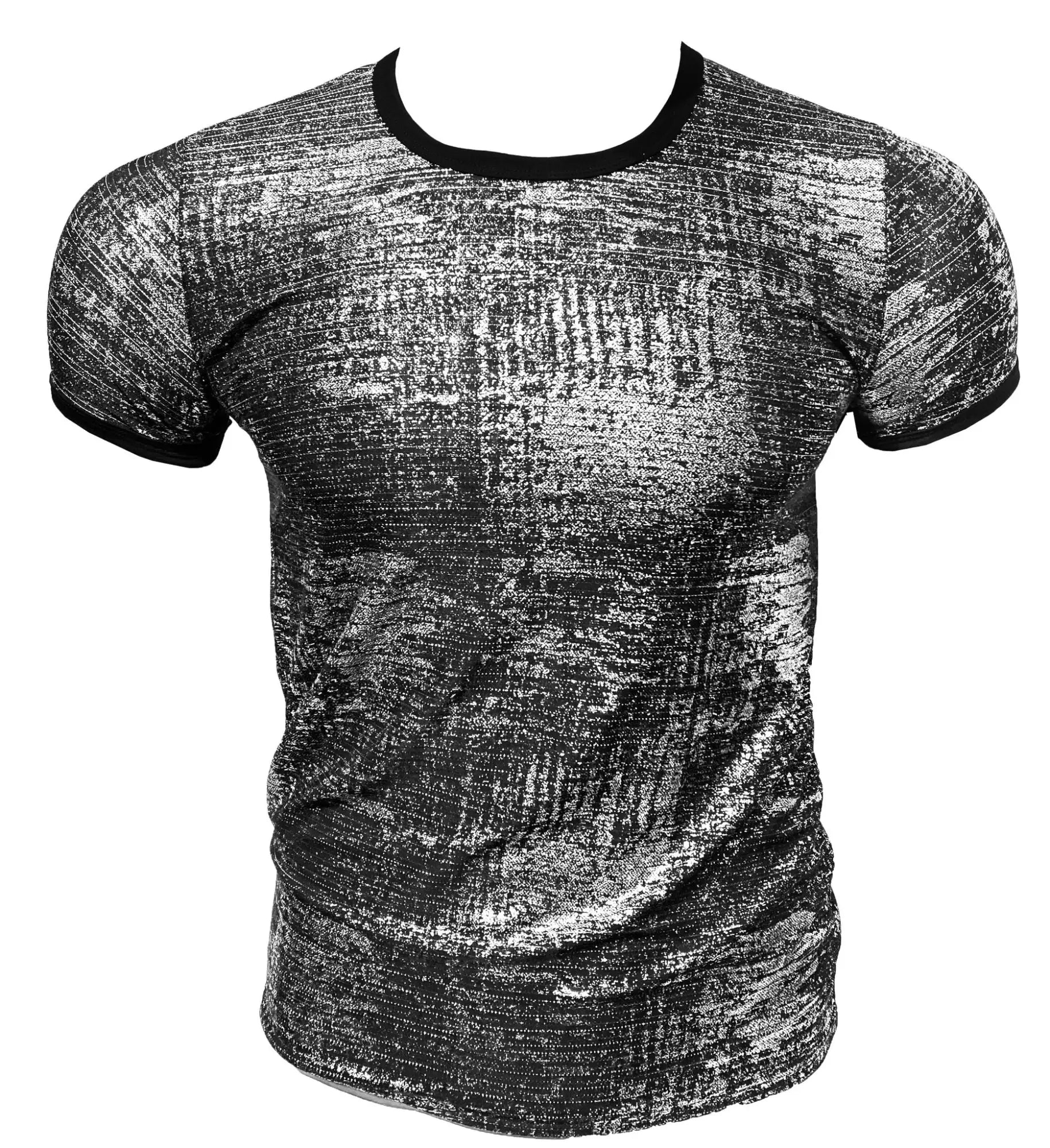 Silver leaf tee short-sleeve t-shirt in black and silver textured fabric with black ribbed neckline and cuffs