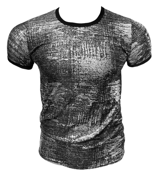 Silver leaf tee short-sleeve t-shirt in black and silver textured fabric with black ribbed neckline and cuffs