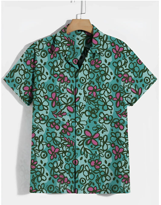 A teal short-sleeved hawaiian shirt with vibrant pink and dark green floral pattern sketchbook cosmos s s shirt