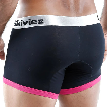 Skiviez SKG002 boxer briefs in black with a silver waistband and pink trim designed for comfort and style
