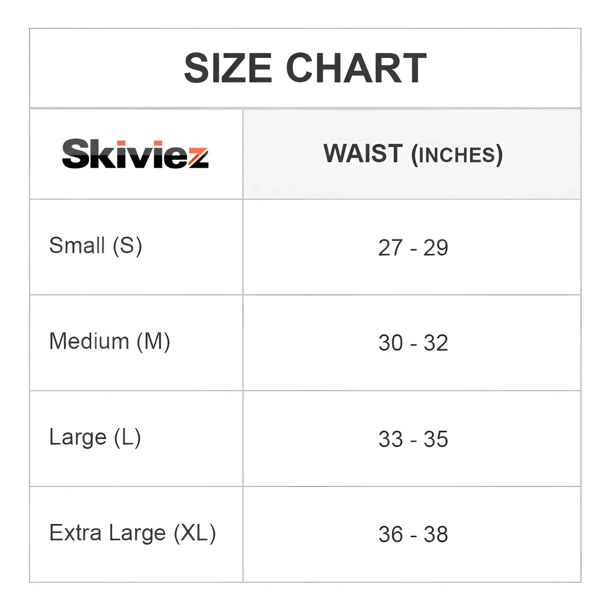 Skiviez skj003 boxer trunk size chart showing waist measurements for small medium large and extra large sizes