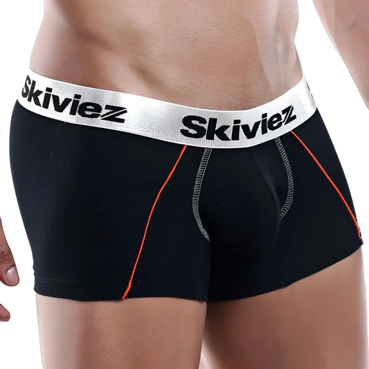 Black skiviez SZG017 boxer trunk briefs with white waistband branded in black and orange side stitching