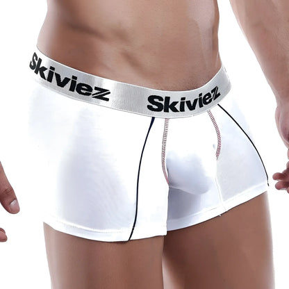 White skiviez szg017 boxer trunk briefs with silver waistband black lettering and subtle black side stitching