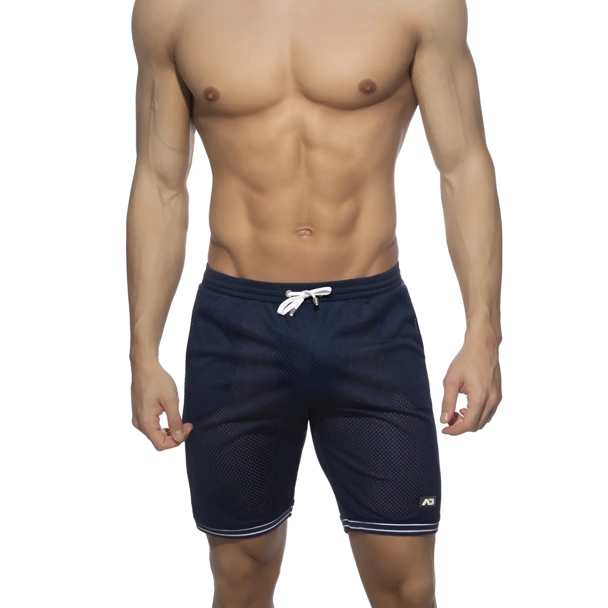 Navy blue mesh slam bermuda shorts with white drawstring and striped hem designed for athletic use