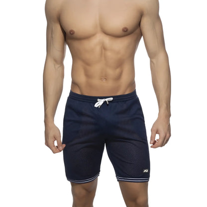 Navy blue mesh slam bermuda shorts with white drawstring and striped hem designed for athletic use