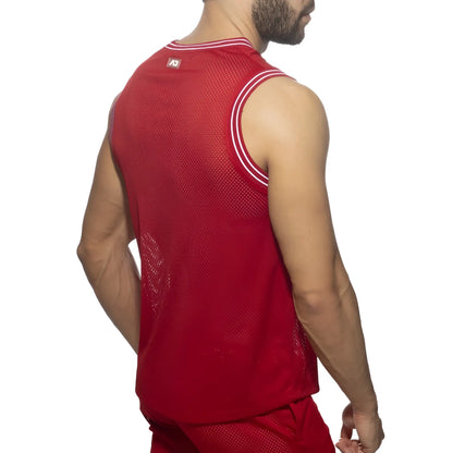 Red mesh athletic tank top with white trim along neckline and armholes in slam v-neck sleeveless t-shirt design
