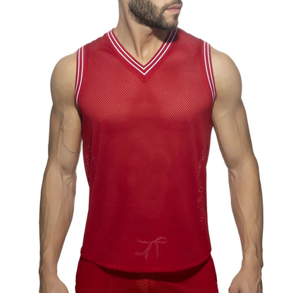 Red mesh basketball sleeveless t-shirt with white trim and subtle bow detail at the bottom slam v-neck style