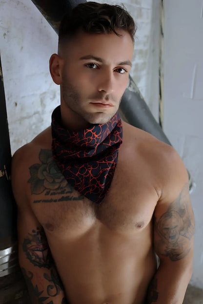 Black and red patterned cotton bandana worn around the neck slay-kerchief greedy style accessory