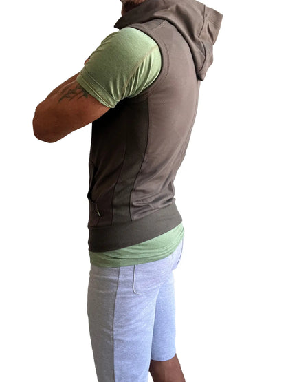 Brown hooded sleeveless vest with ribbed waistband and side pockets shown with army green sleeveless yoga hoodie
