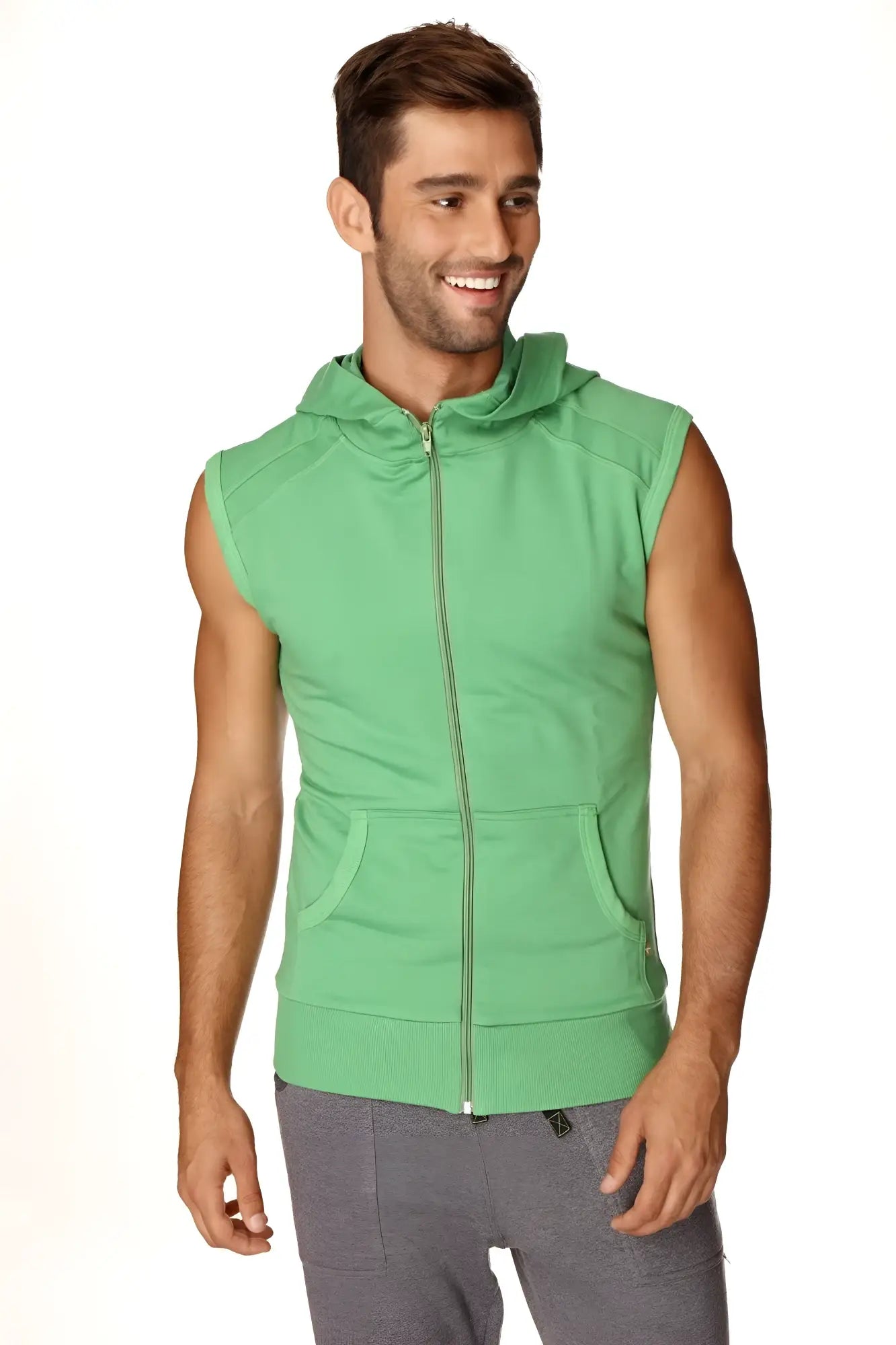 Green sleeveless zip-up yoga hoodie with hood and front pockets made from bamboo fabric for comfortable workouts