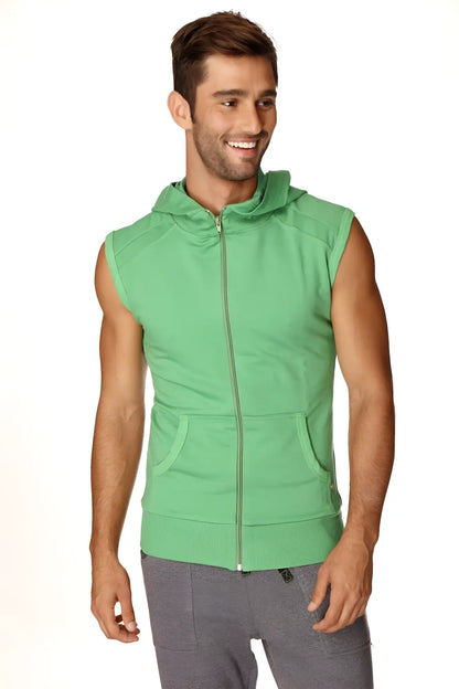 Green sleeveless zip-up yoga hoodie with hood and front pockets made from bamboo fabric for comfortable workouts