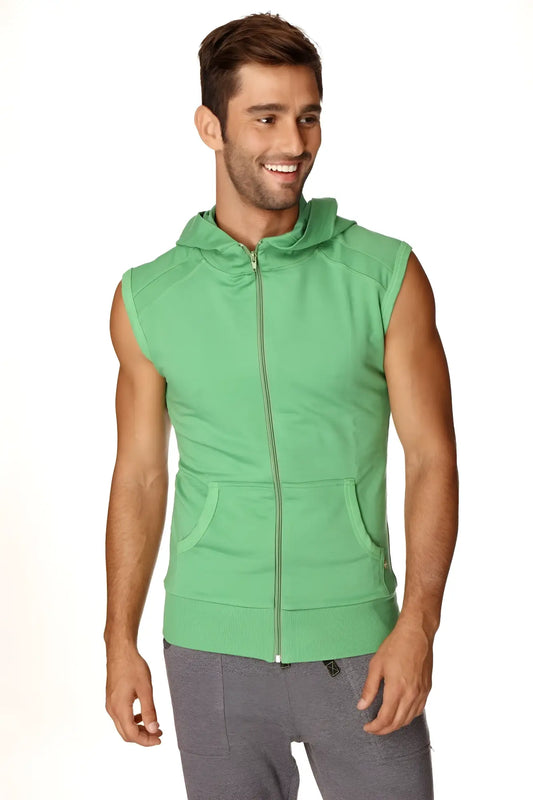 Green sleeveless zip-up yoga hoodie with hood and front pockets made from bamboo fabric for comfortable workouts