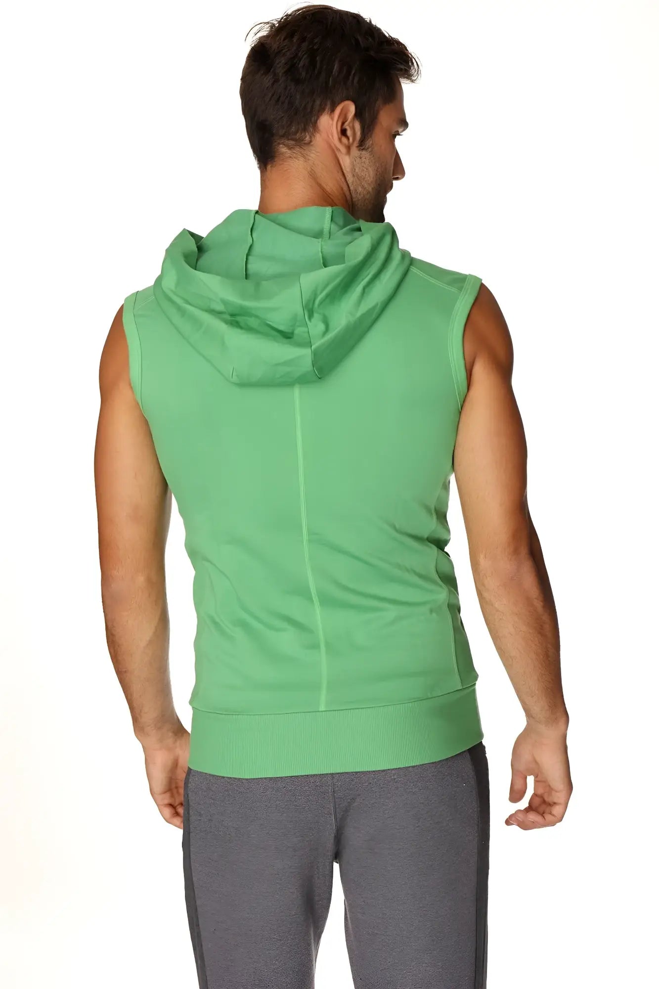 A vibrant bamboo green sleeveless yoga hoodie with a hood and ribbed hem made from soft fabric