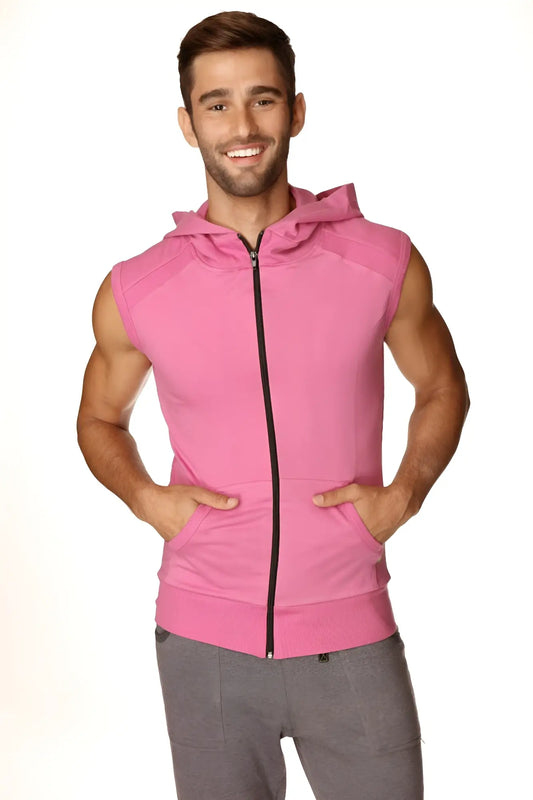 Pink sleeveless zip up yoga hoodie with hood and front pockets designed for berry workout wear