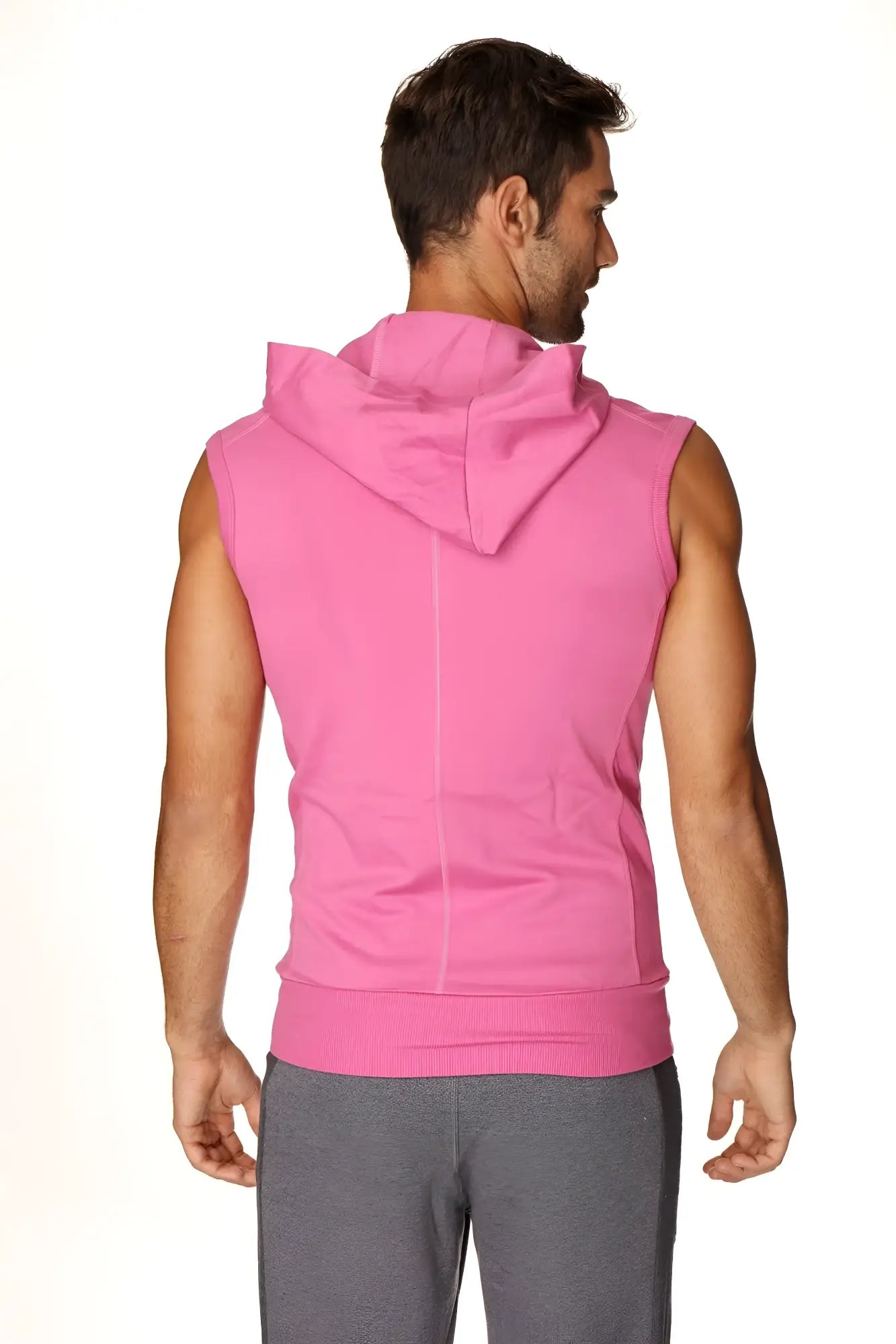 A vibrant berry sleeveless yoga hoodie with a hood and ribbed cuffs designed for comfortable workouts