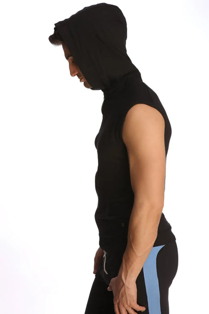 Black sleeveless yoga hoodie with hood and subtle side seam detailing ideal for activewear and casual use