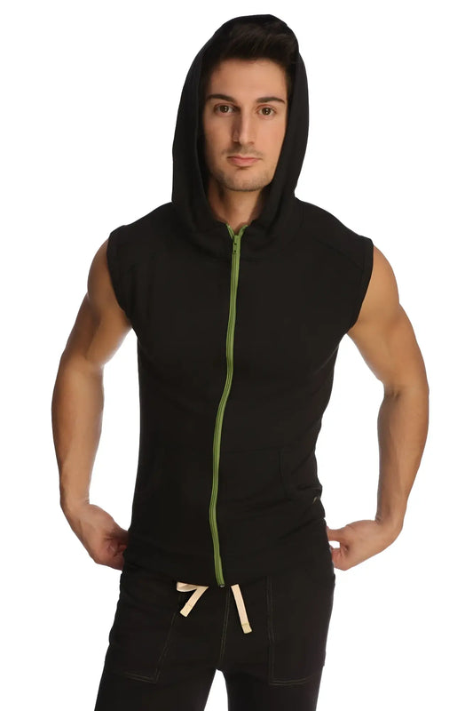 Black sleeveless yoga hoodie featuring lime green zipper and drawstring waistband for comfortable workouts