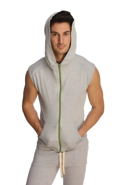 Sleeveless yoga hoodie heather grey with green zipper front pockets made of soft gray fabric for active wear