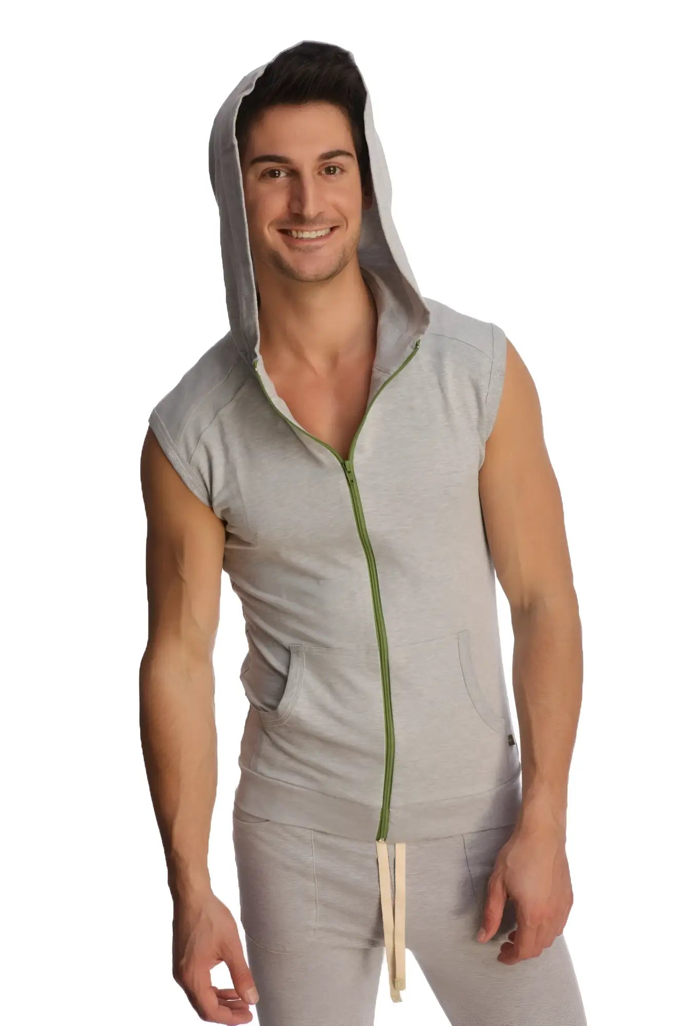 Gray sleeveless yoga hoodie in heather grey with green zipper and front pockets for comfortable workouts